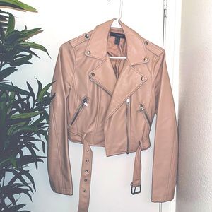 Cropped faux, pink, leather jacket